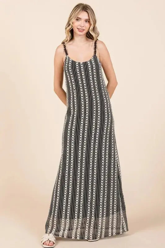 GeeGee Plus Size Striped Scoop Neck Beaded Strap Maxi Dress - Love Salve